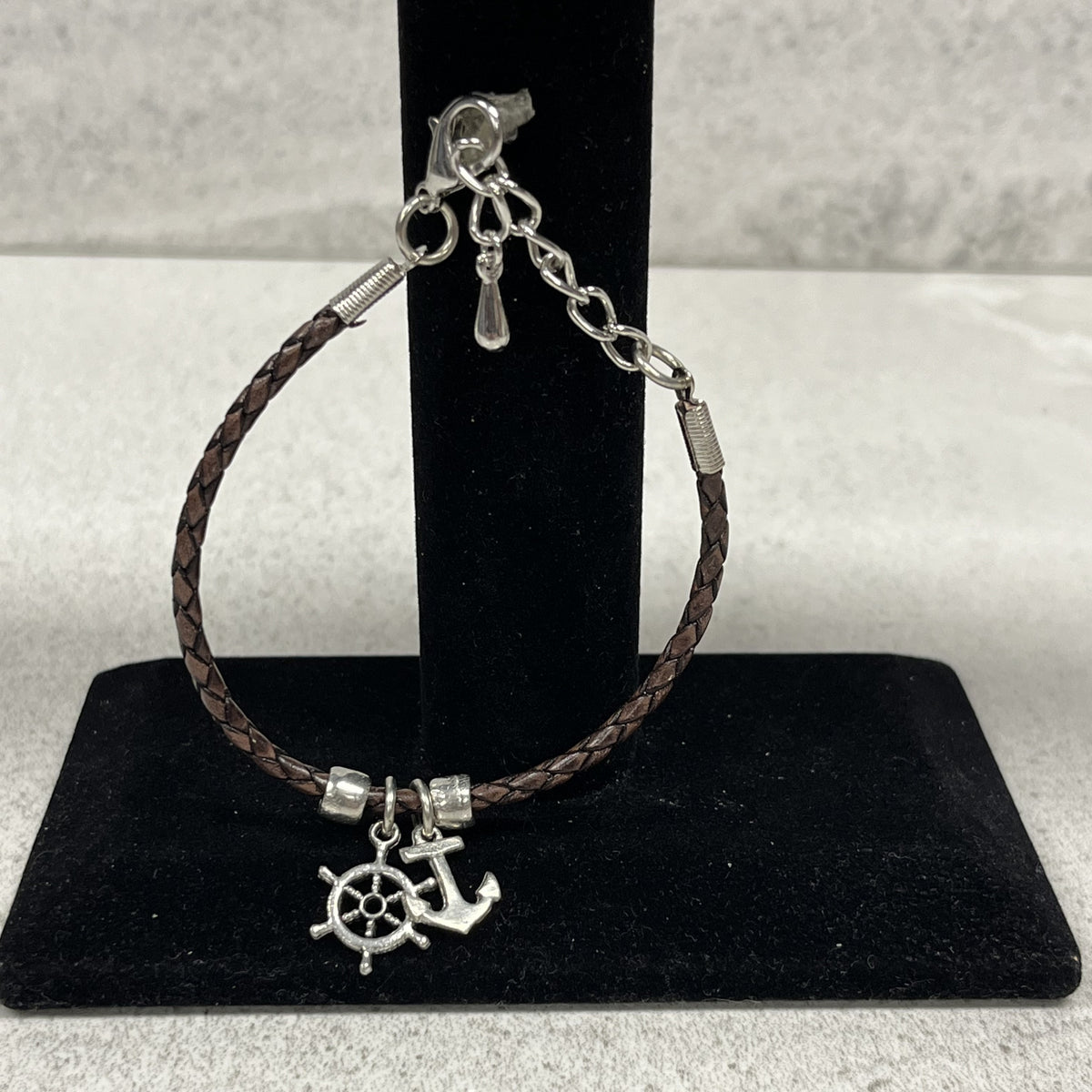 Bracelet Leather and Pewter with Anchor Charm and Ship Wheel Handmade