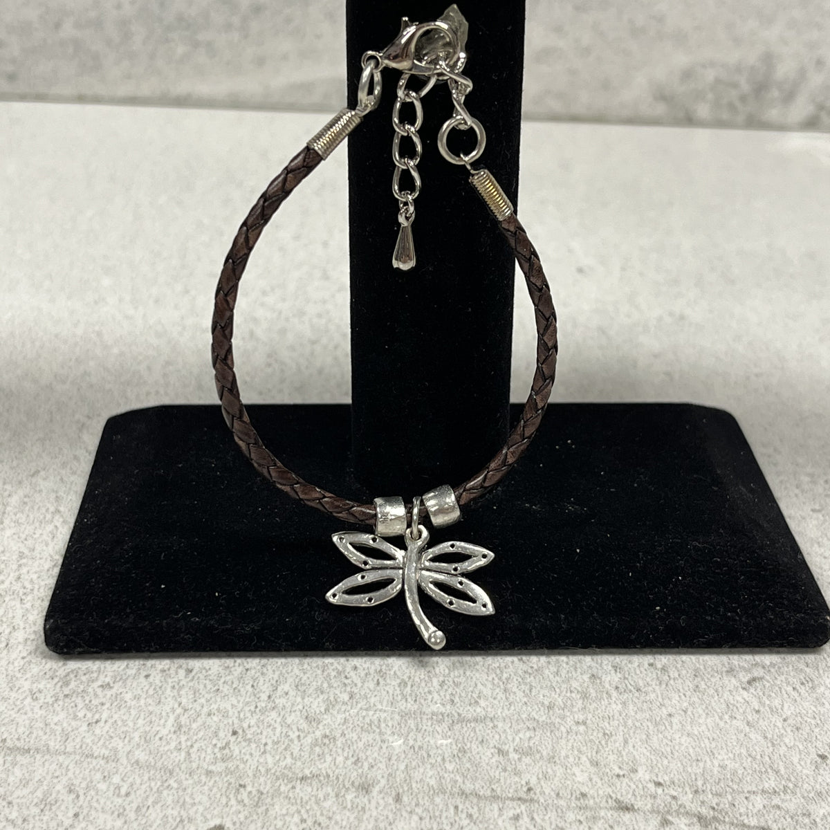 Bracelet Leather and Pewter with Charm Dragonfly Handmade